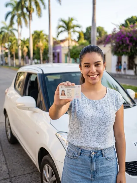 Alumna de CEA Movilízate mostrando su licencia de conducción